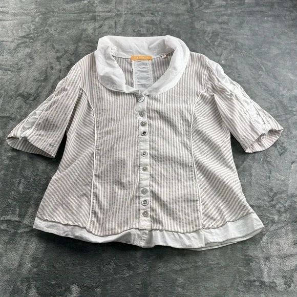 VTG Crisca Escada Blouse Women’s L Pinstripes Ruffle Buttons Academia White Gray - Picture 6 of 11